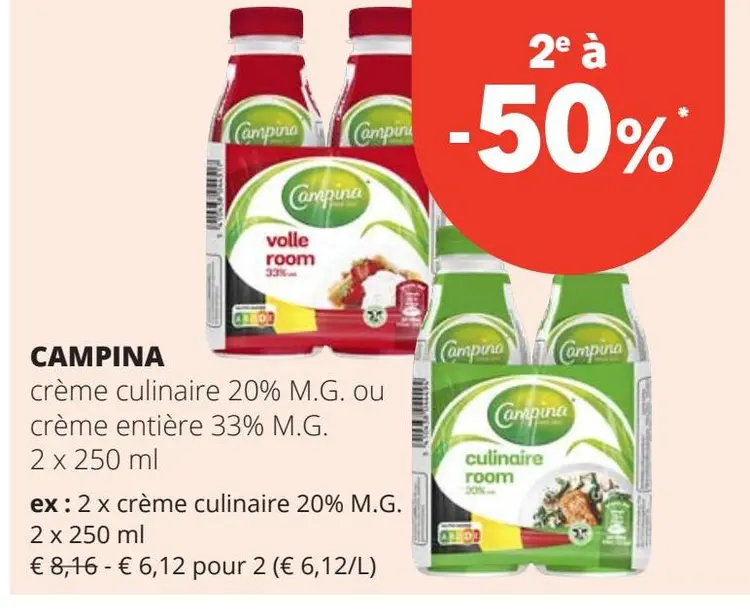 Offre: crème culinaire 20% M.G. ou crème entière 33%