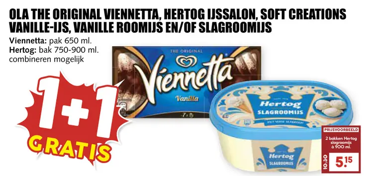 Aanbieding: Viennetta, Hertog IJssalon, Soft Creations Vanille roomijs en/of slagroomijs