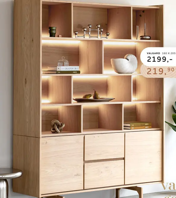 Offre: Valgard, vaisselier 160 cm - 2-portes + 2-tiroirs + 11-niches (+ LED)