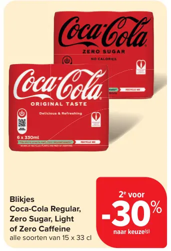Promotie: Blikjes Coca-Cola Regular, Zero Sugar, Light of Zero Caffeine