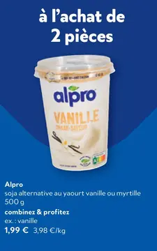 Offre: Alpro soja alternative au yaourt vanille ou myrtille
