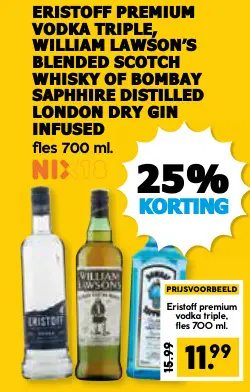 Aanbieding: Eristoff premium vodka triple, William Lawson's blended scotch whisky of Bombay Saphhire destilled london dry gin infused