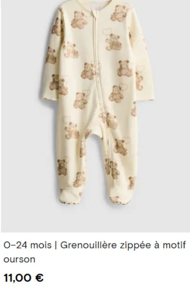 Offre: Grenouillère zippée à motif ourson