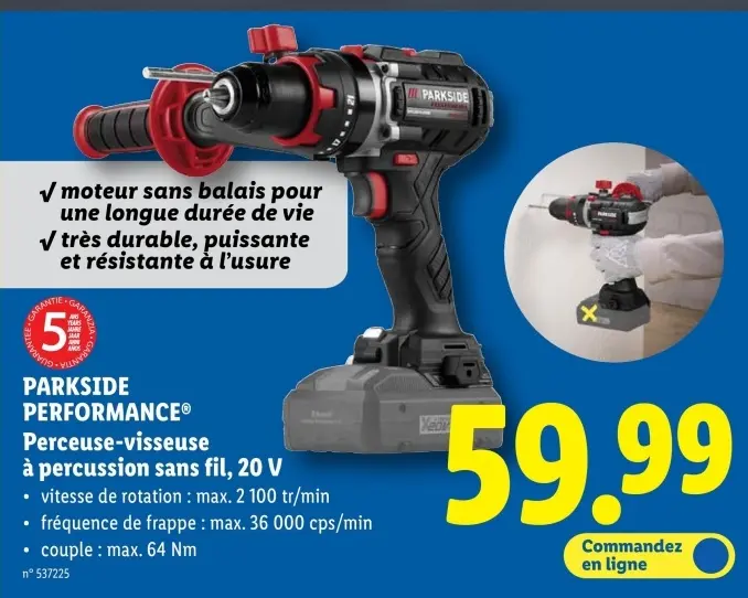 Offre: Perceuse-visseuse à percussion sans fil, 20 V