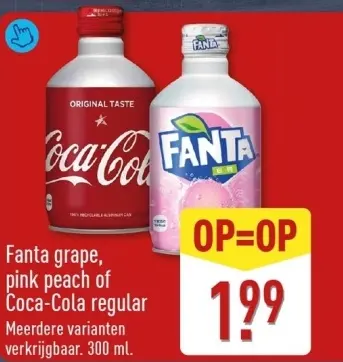 Aanbieding: Fanta grape, pink peach of Coca-Cola regular