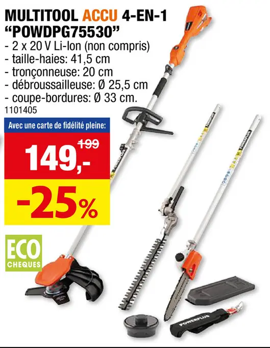 Offre: Powerplus Dual Power POWDPG75530 multitool de jardin sans fil 4-en-1 40V Li-Ion batterie non comprise