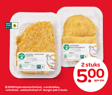 Aanbieding: SPAR kipkrokantschnitzel, -cordonbleu, -schnitzel, -satéschnitzel of -burger pak 2 stuks