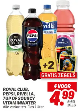 Aanbieding: ROYAL CLUB, PEPSI, RIVELLA, 7UP OF SOURCY VITAMINWATER