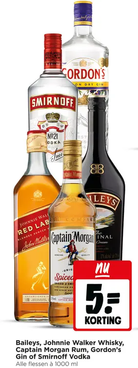 Aanbieding: Baileys, Johnnie Walker Whisky, Captain Morgan Rum, Gordon's Gin of Smirnoff Vodka