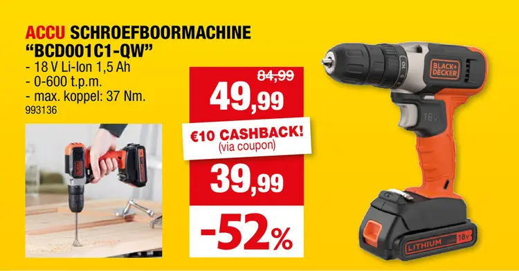 Promotie: Black+Decker BCD001C1-QW accu schroefboormachine 18V Li-Ion + lader