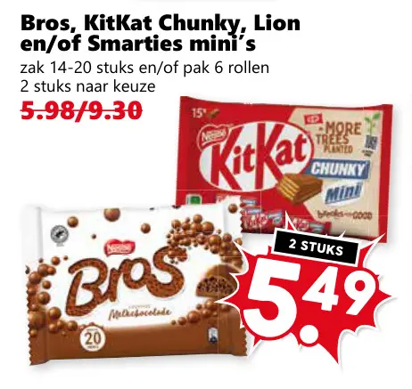 Aanbieding: Bros, KitKat Chunky, Lion en/of Smarties mini's