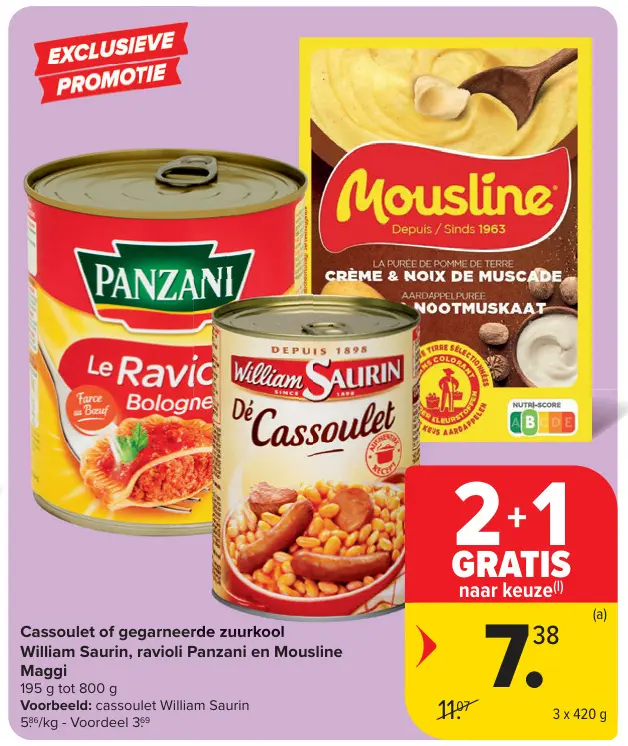 Promotie: Cassoulet of gegarneerde zuurkool, ravioli Panzani en Mousline
