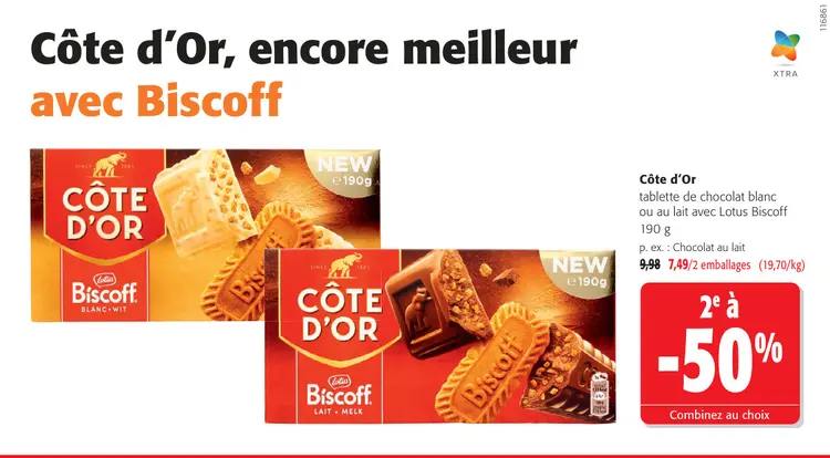 Offre: Tablette de chocolat blanc ou au lait avec Lotus Biscoff