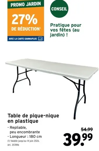 Offre: Table de pique-nique en plastique