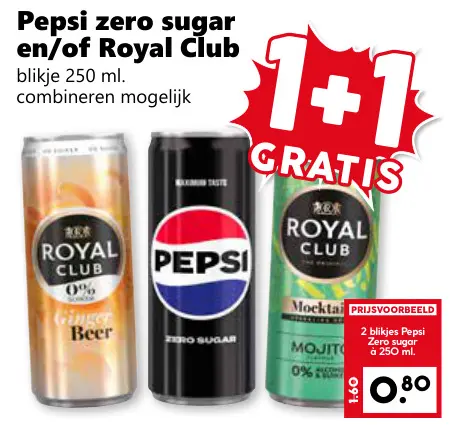 Aanbieding: Pepsi zero sugar en/of Royal Club