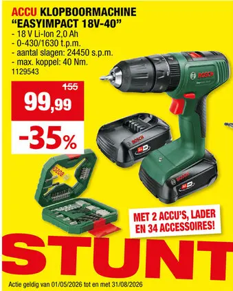 Promotie: EasyImpact 18V-40 accu klopboorschroefmachine 18V Li-Ion + 2 accu's + lader + 34 accessoires