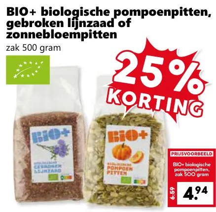 Aanbieding: biologische pompoenpitten, gebroken lijnzaad of zonnebloempitten