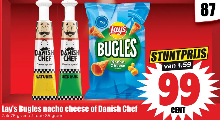 Aanbieding: Bugles nacho cheese of Danish Chef