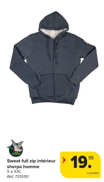Offre: Sweat full zip intérieur sherpa homme
