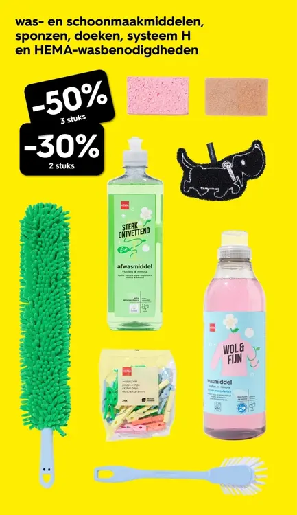 Aanbieding: Was- en schoonmaakmiddelen, sponzen, doeken, systeem H en HEMA-wasbenodigdheden