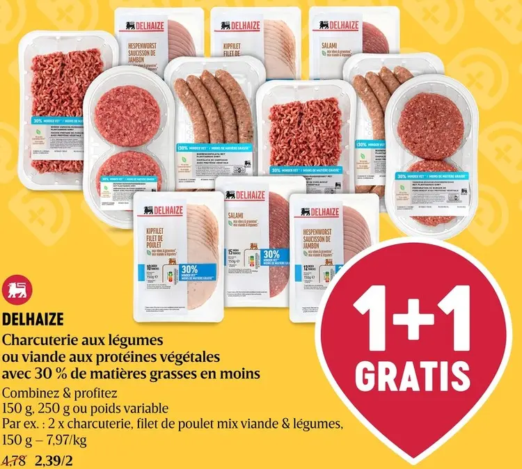 Offre: Delhaize Charcuterie aux légumes ou viande aux protéines végétales avec 30 % de matières grasses en moins