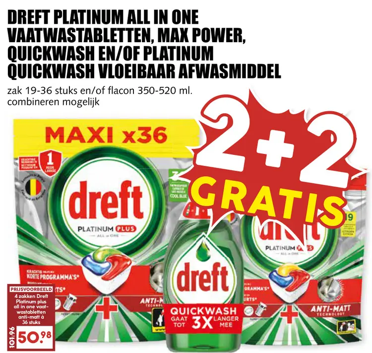 Aanbieding: Platinum all in one vaatwastabletten, max power, Quickwash en/of platinum quickwash vloeibaar afwasmiddel
