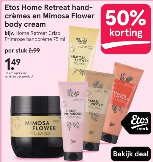 Aanbieding: Etos Home Retreat handcrèmes en Mimosa Flower body cream