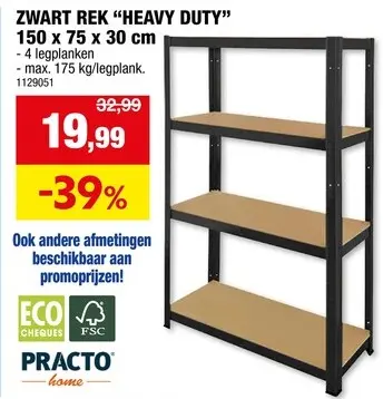 Promotie: Practo Home Heavy Duty opbergrek 150x75x30 cm metaal/hout zwart
