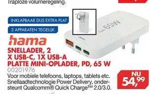 Aanbieding: Snellader, 2 x usb-c, 1x usb-a platte mini-op