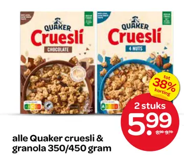 Aanbieding: alle Quaker cruesli & granola