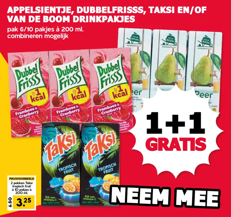 Aanbieding: Appelsientje, Dubbelfrisss, Taksi en/of van de Boom drinkpakjes