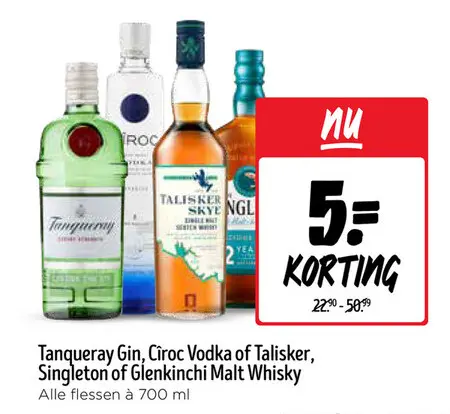 Aanbieding: Tanqueray Gin, Cîroc Vodka of Talisker, Singleton of Glenkinchi Malt Whisky