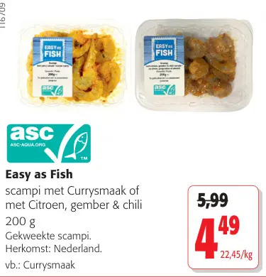 Promotie: scampi met Currysmaak of met Citroen, gember  & chili