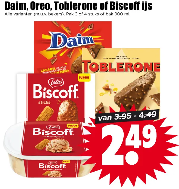 Aanbieding: Daim, Oreo, Toblerone of Biscoff ijs