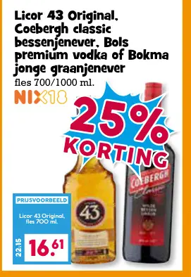 Aanbieding: Licor 43 Original, Coebergh classic bessenjenever, Bols premium vodka of Bokma jonge graanjenever