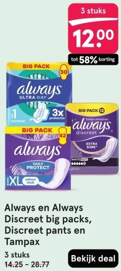 Aanbieding: Always en Always Discreet big packs, Discreet pants en Tampax