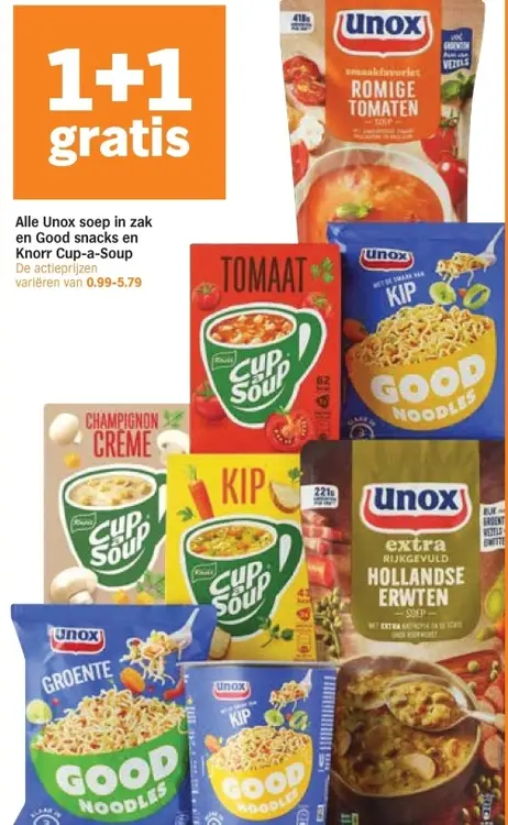 Aanbieding: Unox soep in zak en Good snacks en Knorr Cup-a-soup