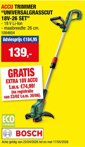 Promotie: Bosch UniversalGrassCut 18V-26-500 accu trimmer 18V Li-Ion 26cm