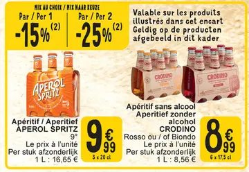Aanbieding: Apéritif (sans alcool) / Aperitief (zonder alcohol) APEROL SPRITZ ou CRODINO