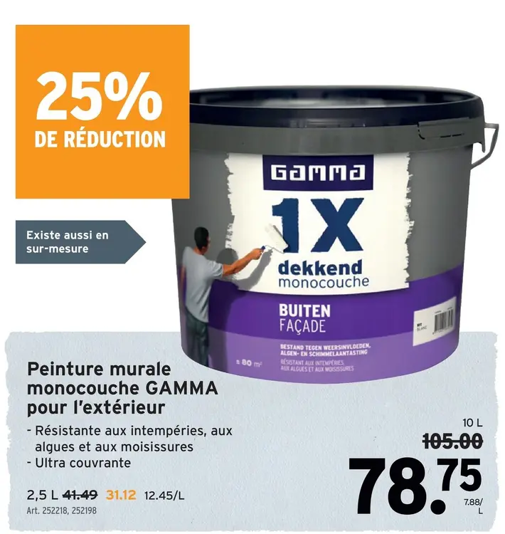 Offre: Peinture murale monocouche GAMMA pour l'extérieur
