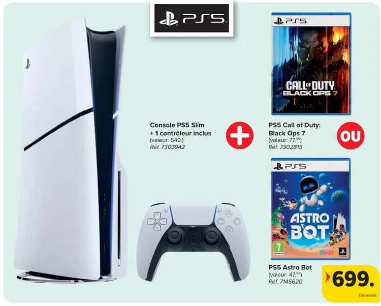 Offre: Console PS5 Slim + 1 contrôleur + PS5 Call of Duty: Black Ops 7 ou PS5 Astro Bot