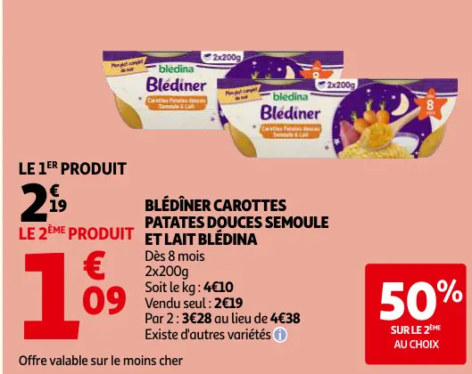 Offre: Blédîner carottes patates douces semoule et l
