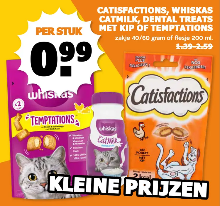 Aanbieding: Catisfactions, Whiskas catmilk, dental treats met kip of temptations