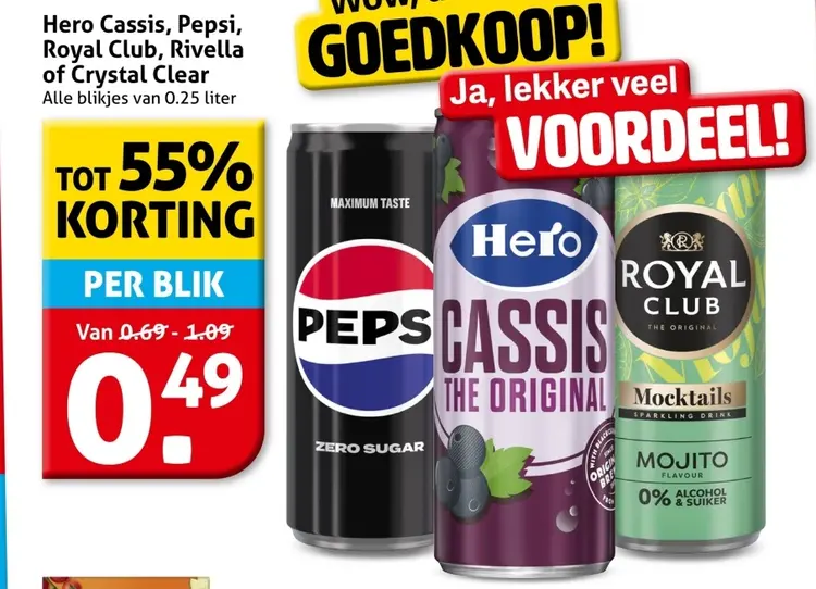 Aanbieding: Cassis, Pepsi, Royal Club, Rivella of Crystal Clear