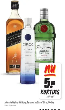 Aanbieding: Johnnie Walker Whisky, Tanqueray Gin of Ciroc Vodka