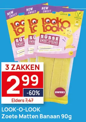 Aanbieding: 3 zakken Look-O-Look Zoete Matten Banaan 90g