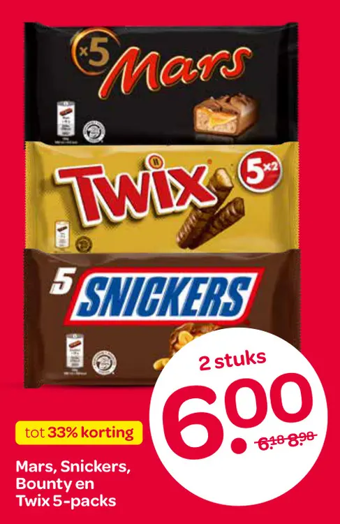 Aanbieding: Mars, Snickers, Bounty en Twix 5-packs