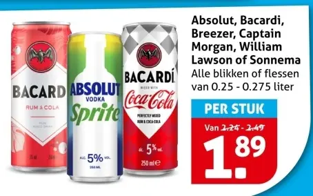 Aanbieding: Absolut, Bacardi, Breezer, Captain Morgan, William Lawson of Sonnema