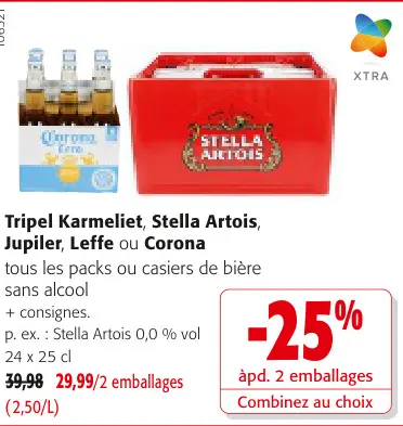 Offre: Tripel Karmeliet, Stella Artois, Jupiler, Leffe ou Corona