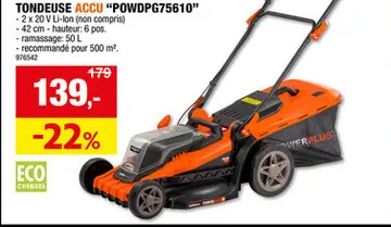 Offre: Powerplus Dual Power POWDPG75610 tondeuse sans fil 2x20 V 42cm sans batterie